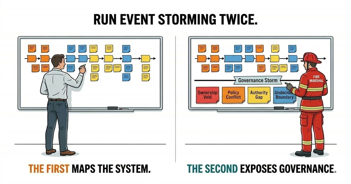 Run Event Storming Twice. The First Maps the System. The Second Exposes Governance.